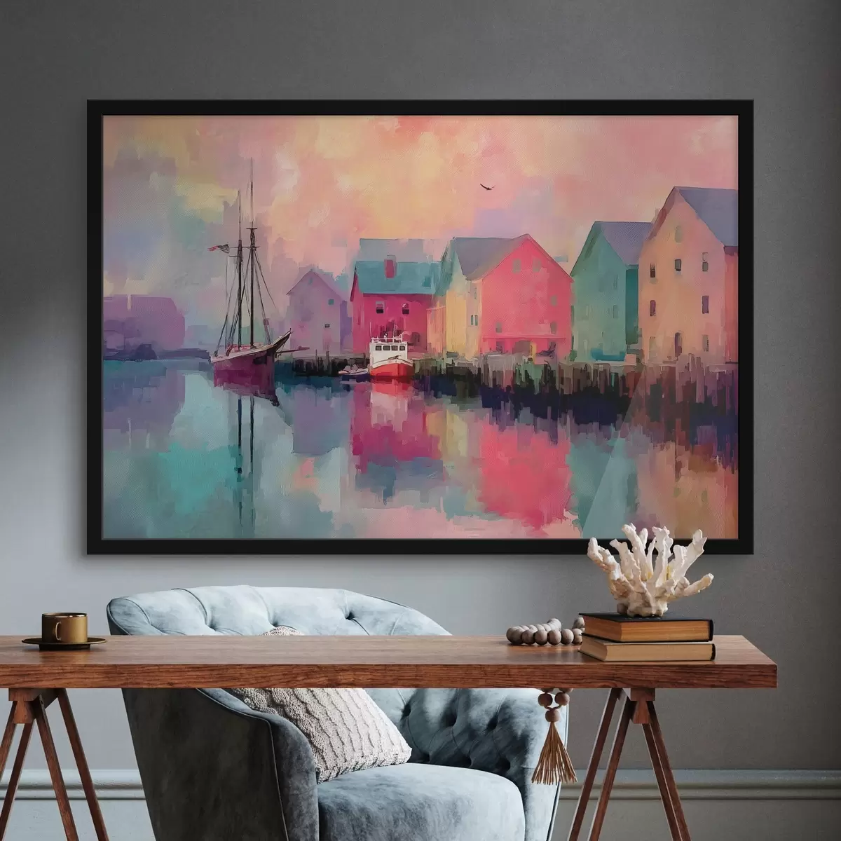 Poster Kleurrijke huizen aan het water in Brushstroke-stijl f44837
