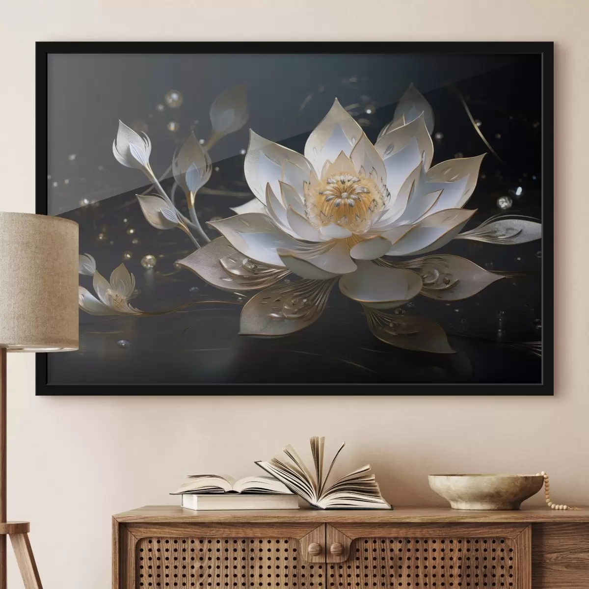 Affiche Lotus aux motifs élégants sur fond sombre f44841