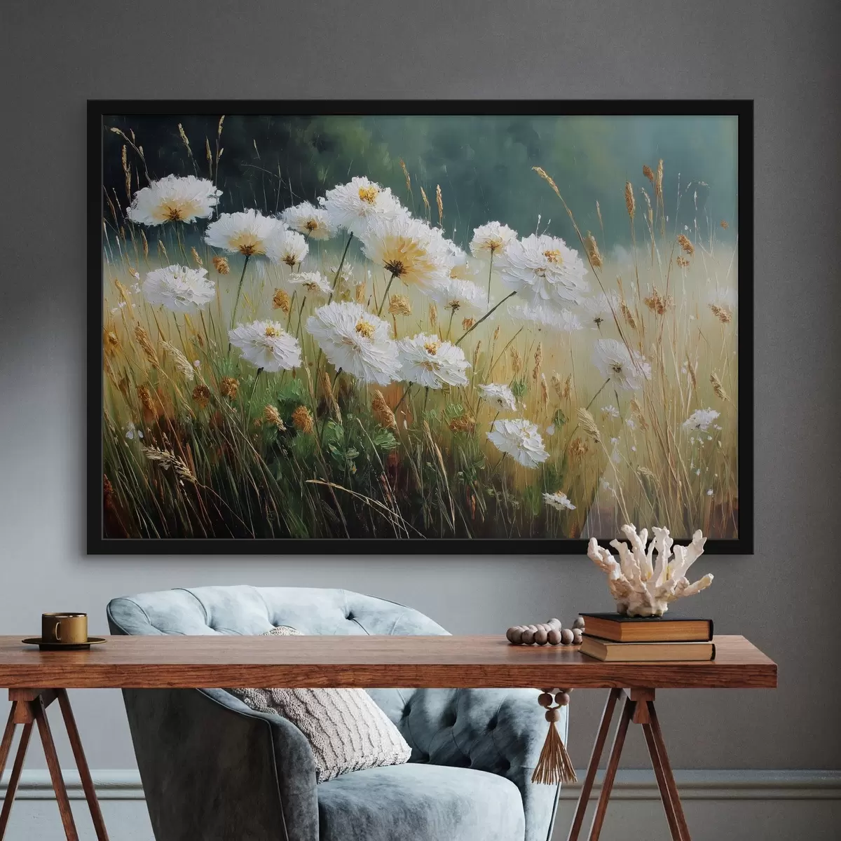 Poster Witte bloemen in een weide in olieverfstijl f44842