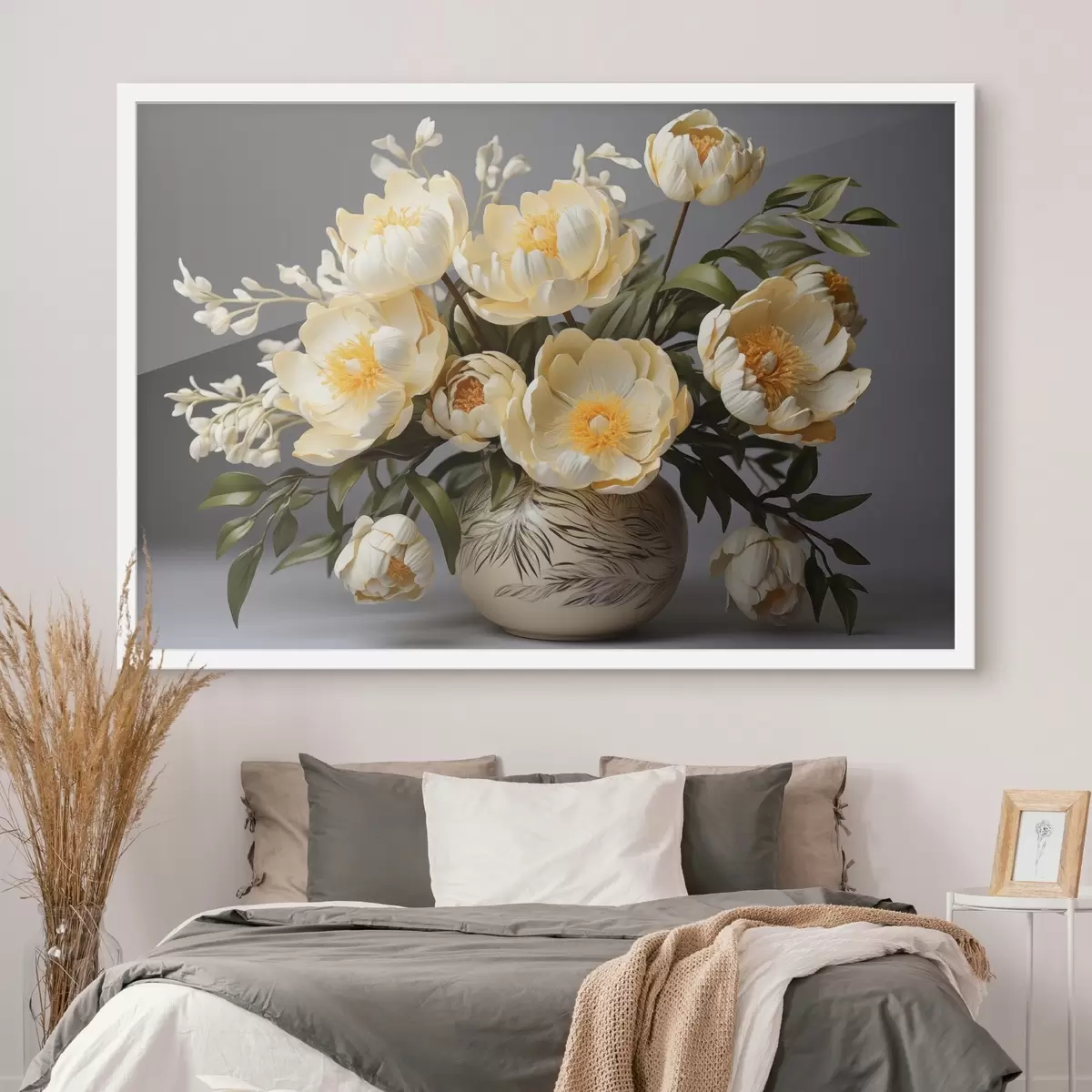 Affiche Fleurs délicates à centre jaune dans un vase à motifs f44847