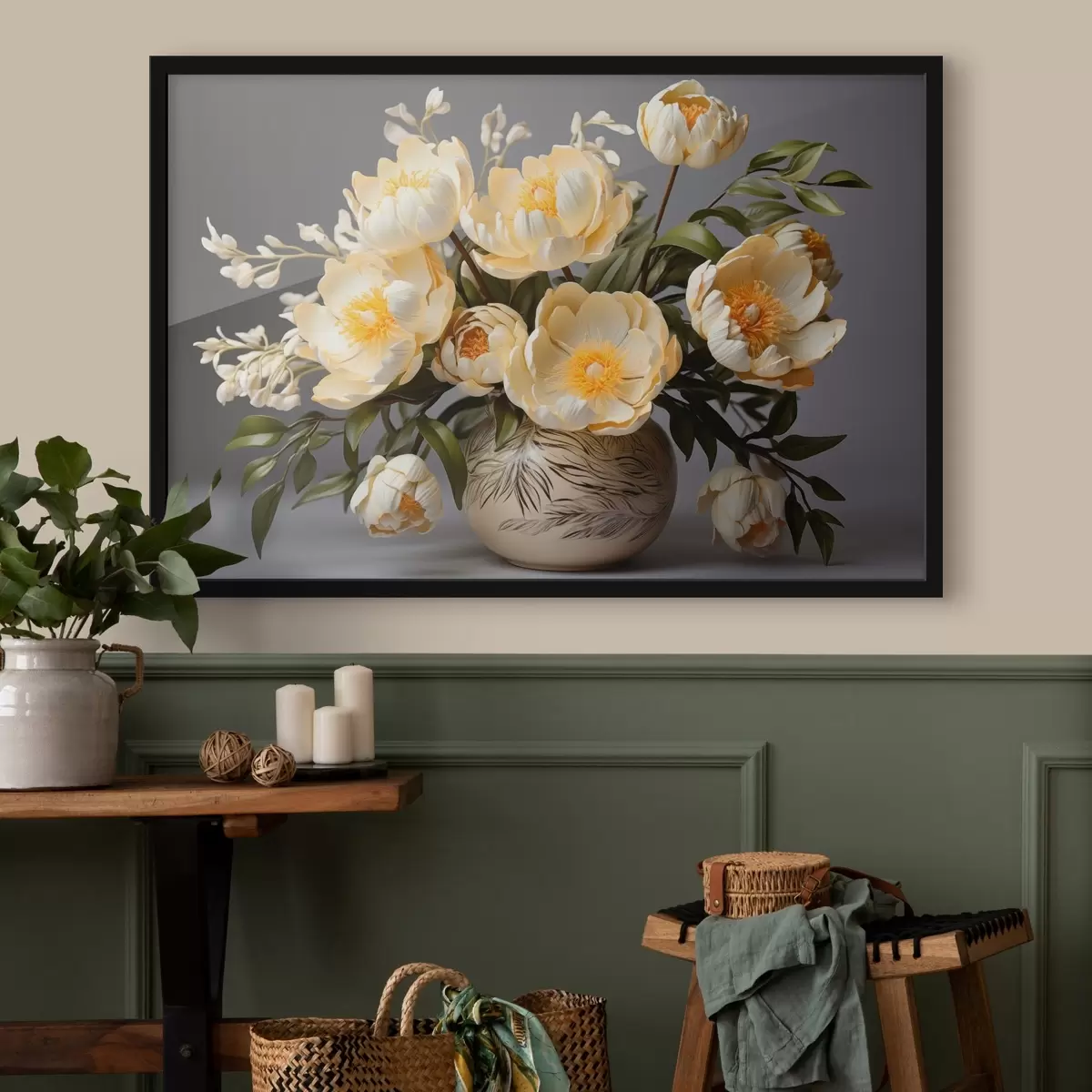 Poster Delicate bloemen met gele kern in een vaas met patroon f44847