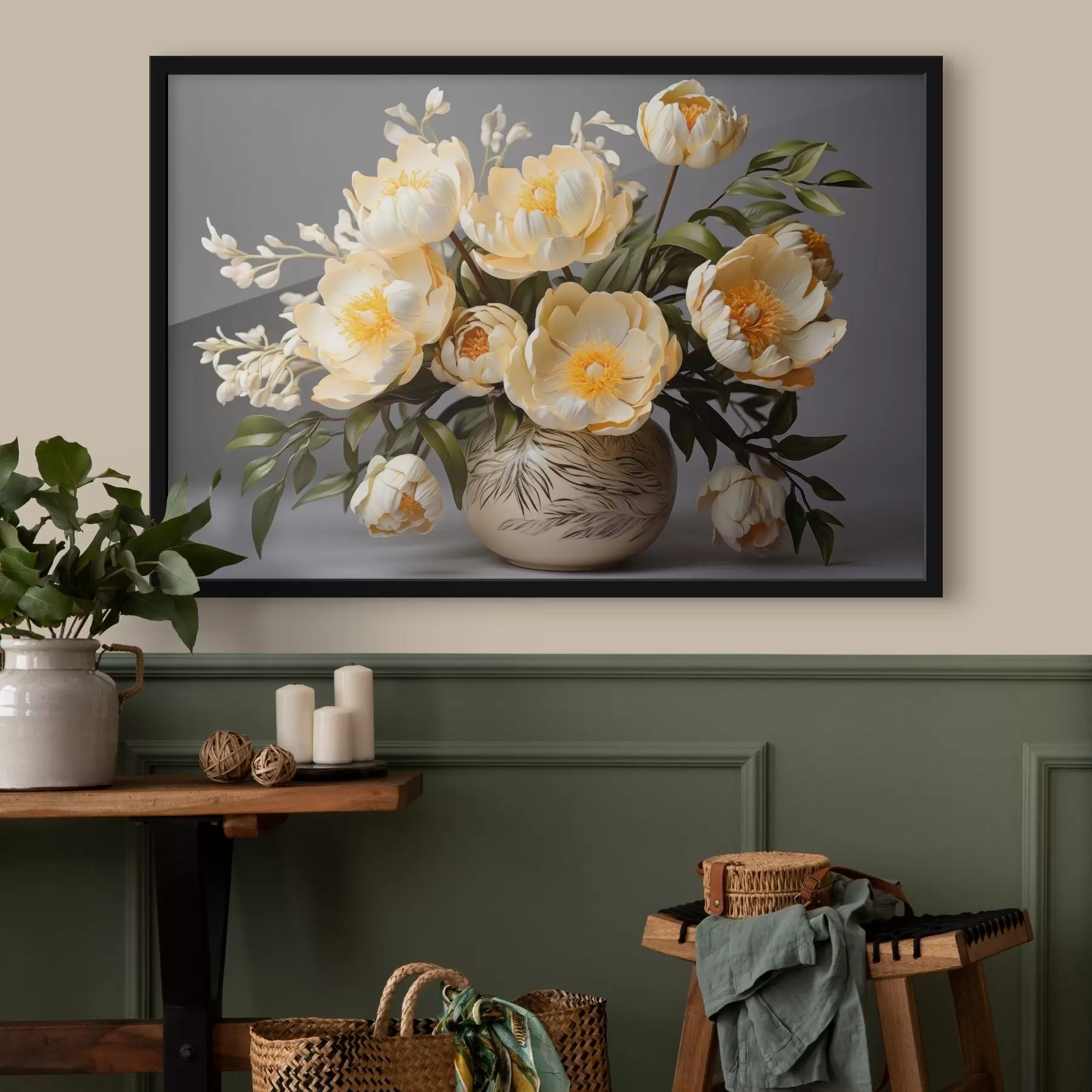 Papier peint photo Fleurs délicates à centre jaune dans un vase à motifs f44847