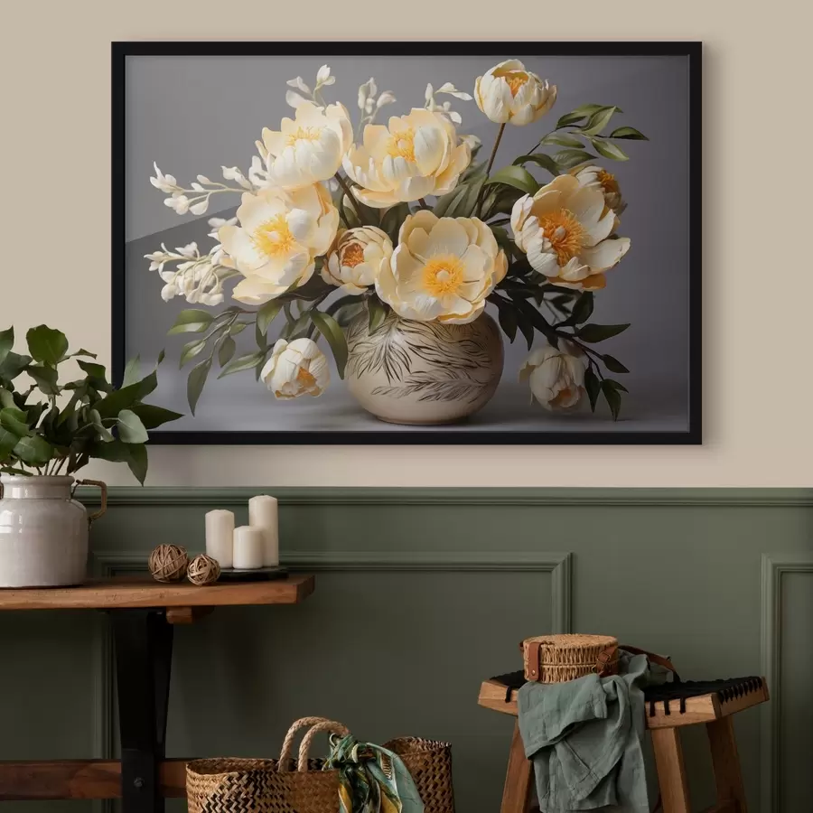 Papier peint photo Fleurs délicates à centre jaune dans un vase à motifs f44847