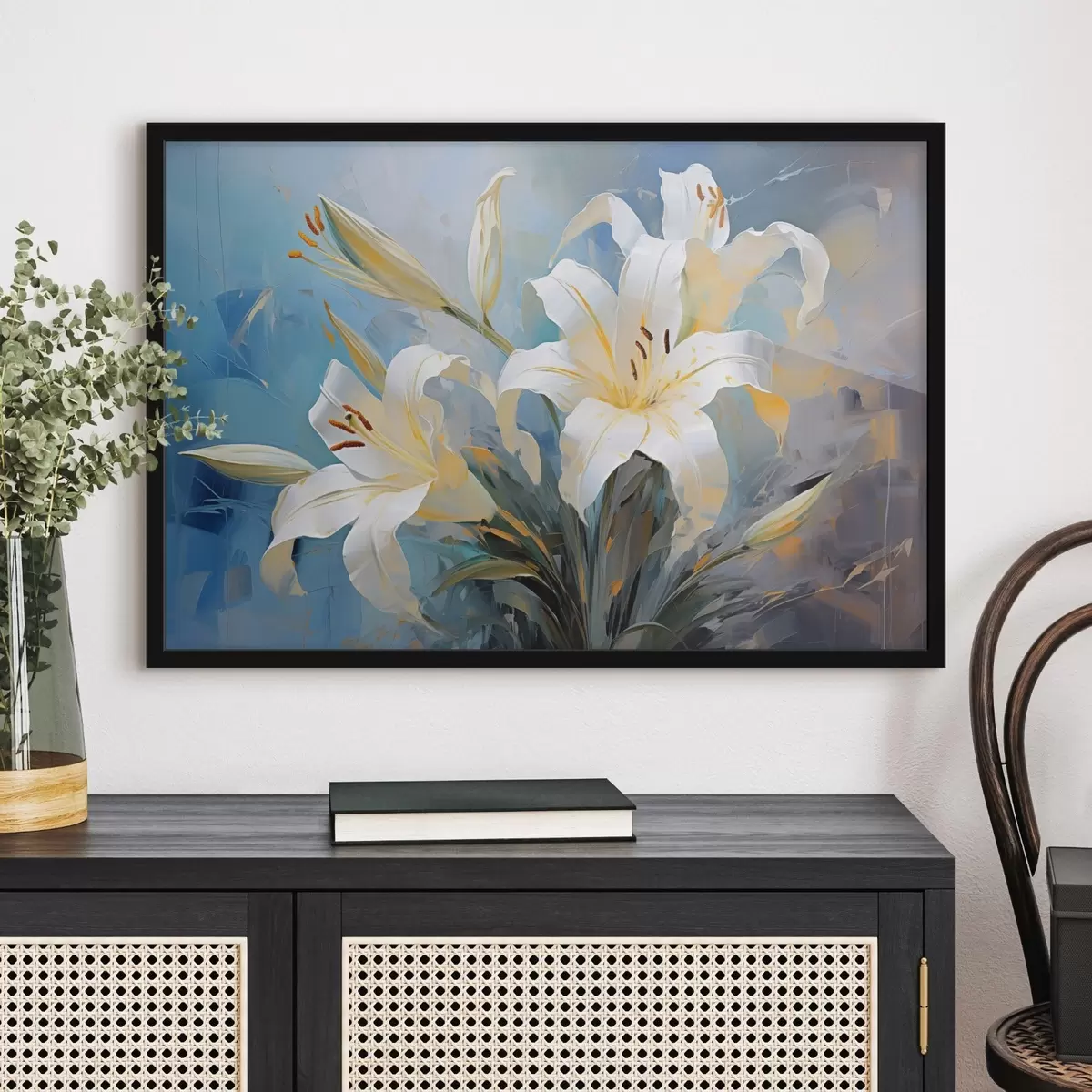 Poster Abstracte lelies op een kleurrijke achtergrond in kunststijl f44849