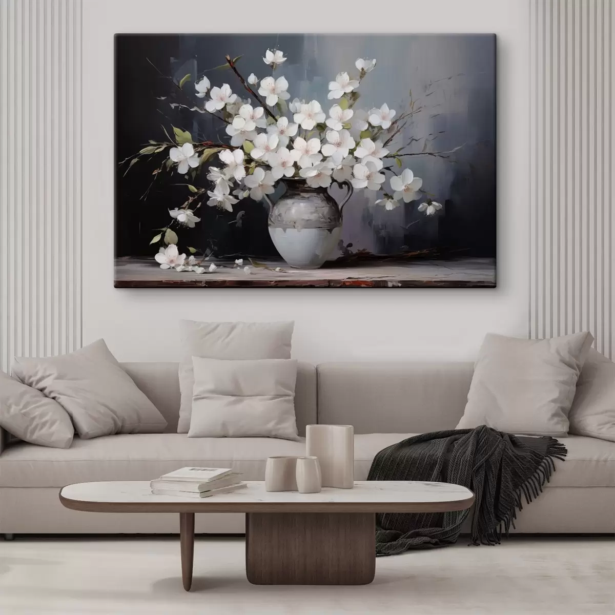  Schilderijen Bloeiende takken in een vaas op een donkere achtergrond in schilderachtige stijl s44949