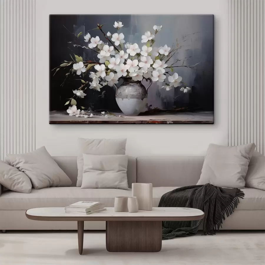  Peintures Branches fleuries dans un vase sur un fond sombre dans un style pittoresque s44949