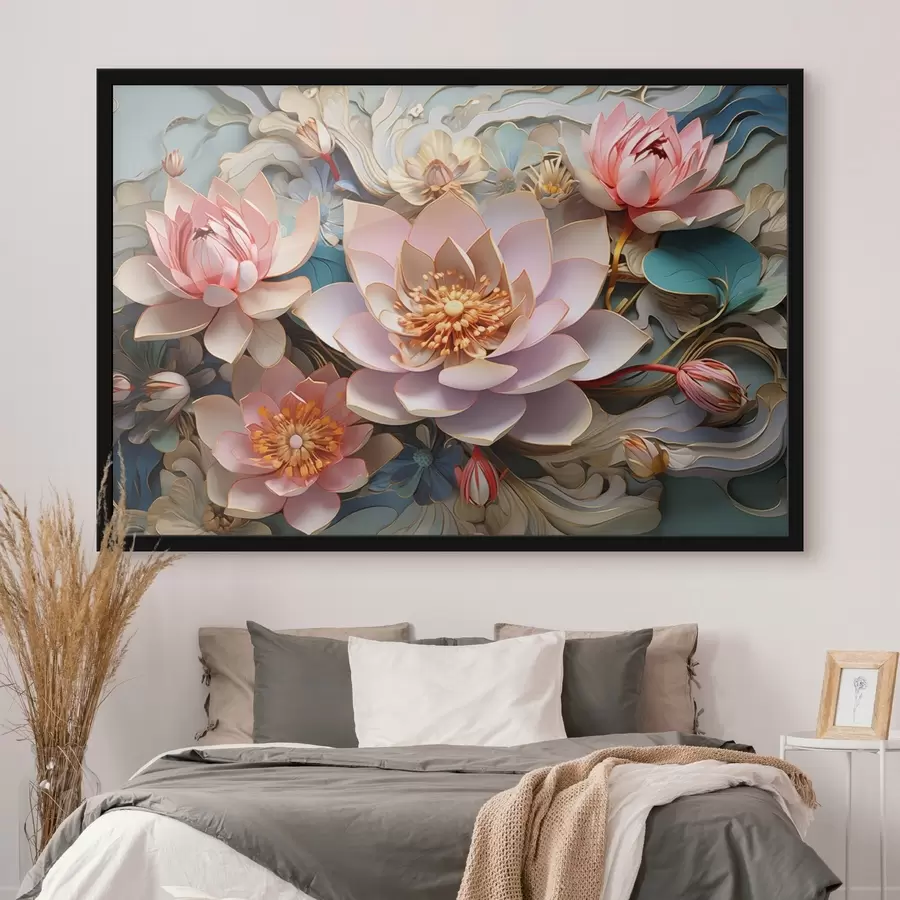 Papier peint photo Lotus rose-orange en dessin 3D f44934