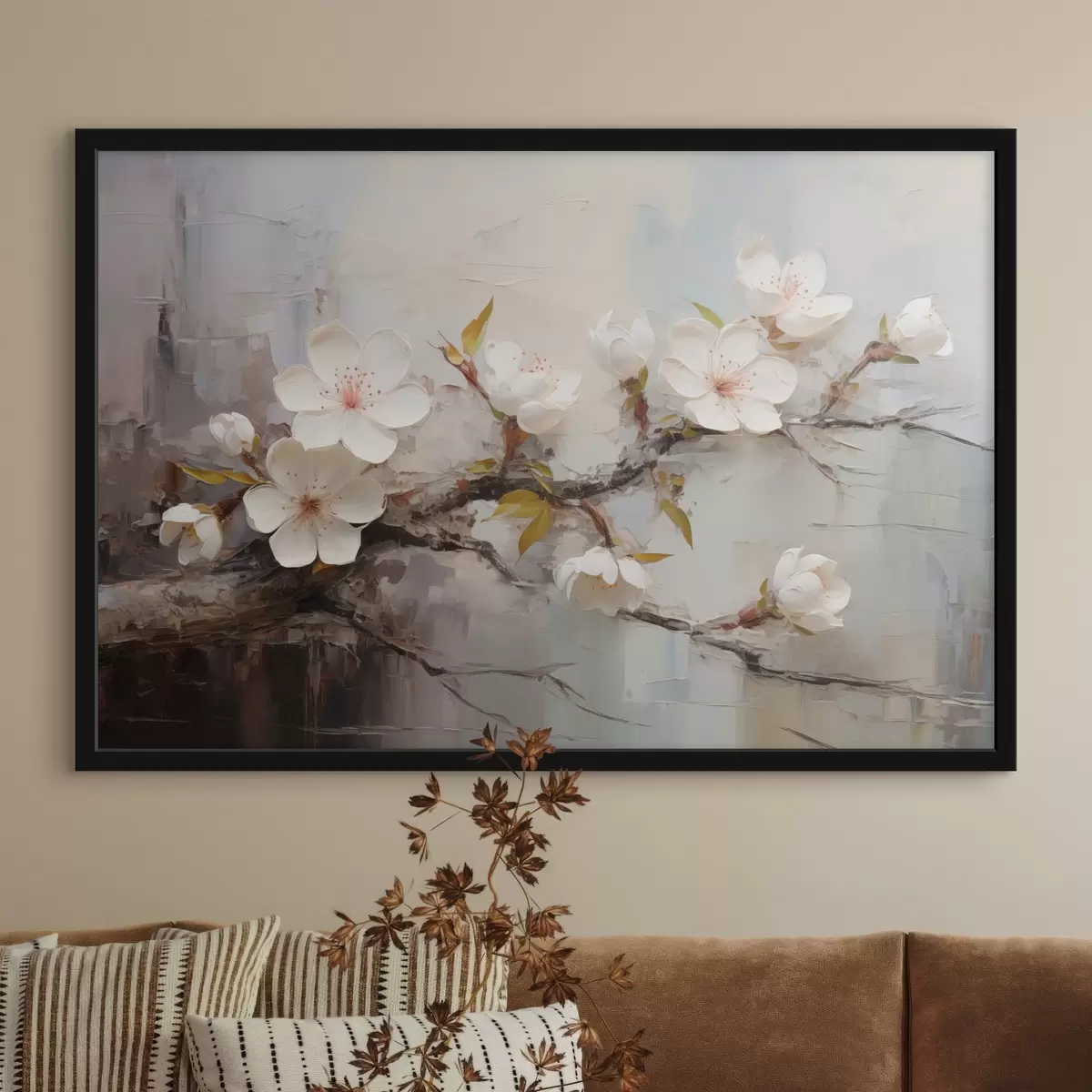 Affiche Fleurs blanches avec des accents roses sur un fond abstrait f44935