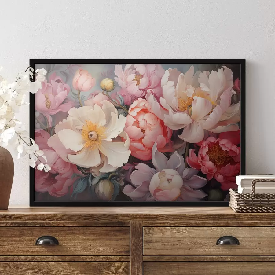  Peintures Pivoines luxuriantes dans des tons roses dans le style de la peinture à l'huile f44936