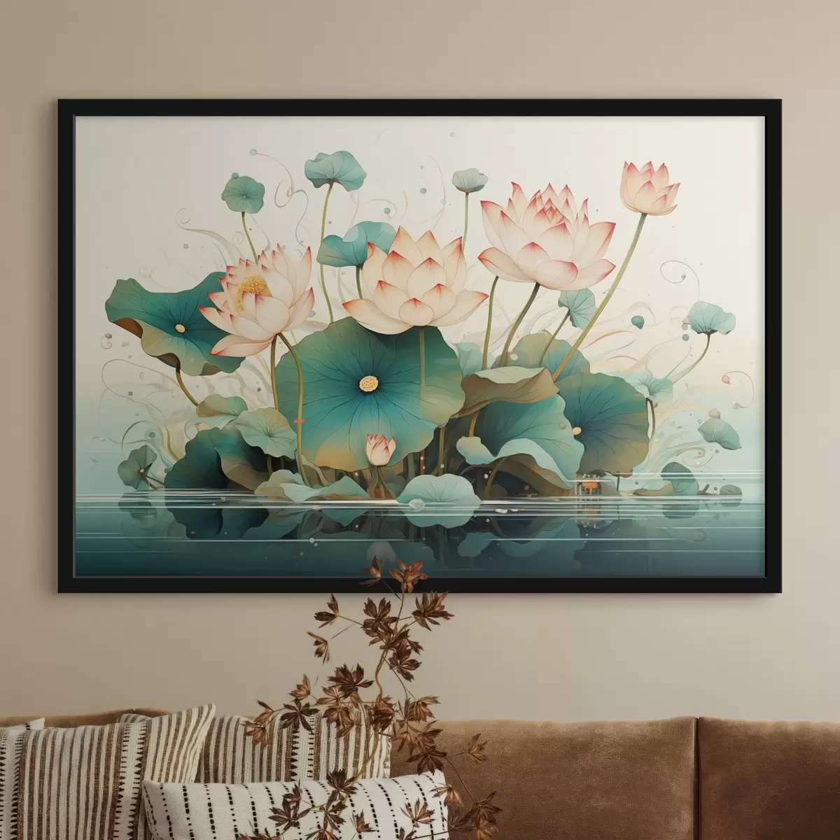 Poster Lotussen met grote bladeren in illustratiestijl f44939