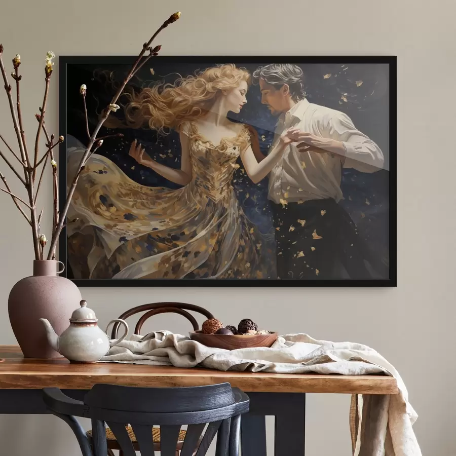 Fotobehang Paar in beweging in geel-blauwe tinten in schilderstijl f44940