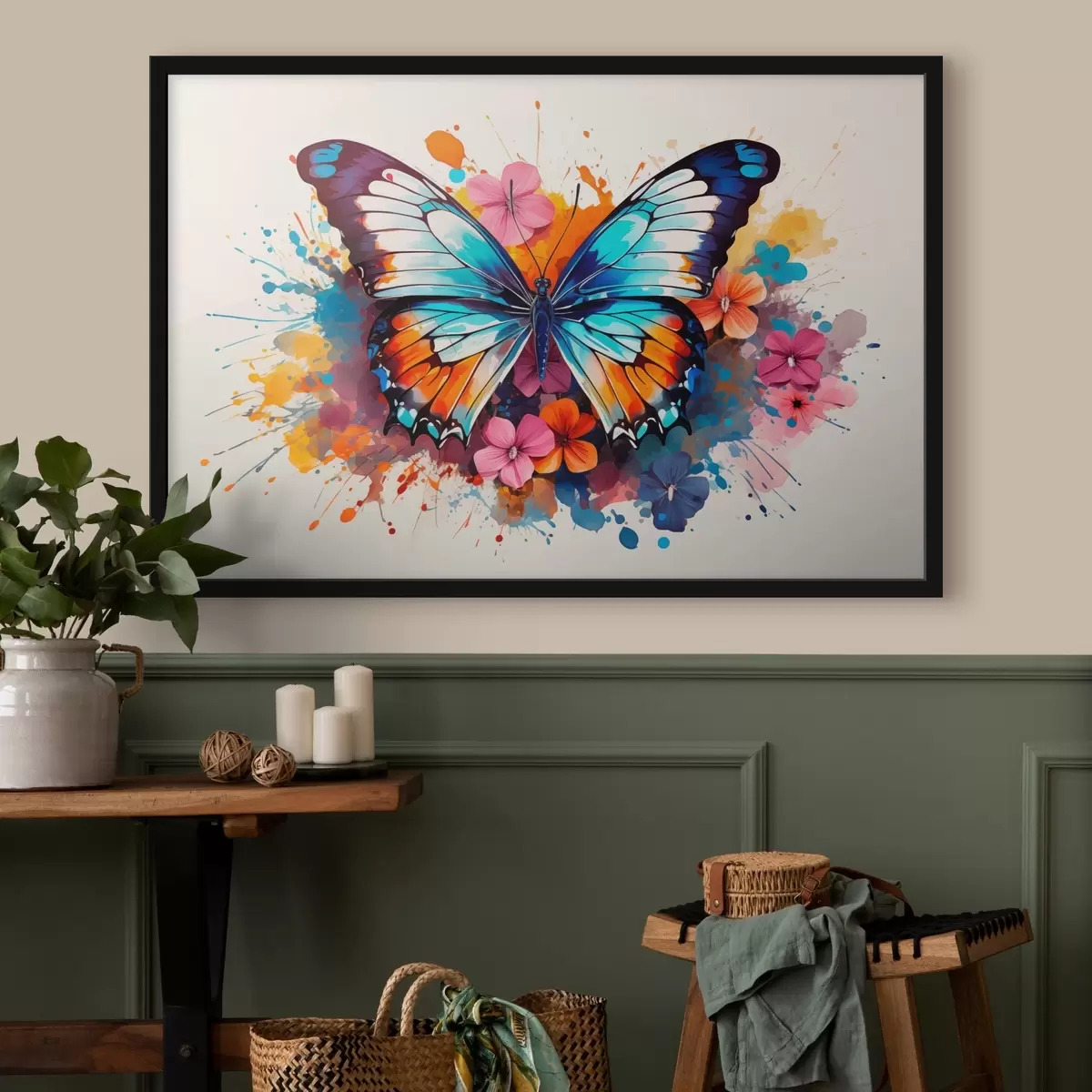 Poster Dynamische compositie van een vlinder en bloemenvlekken in kunststijl f44943