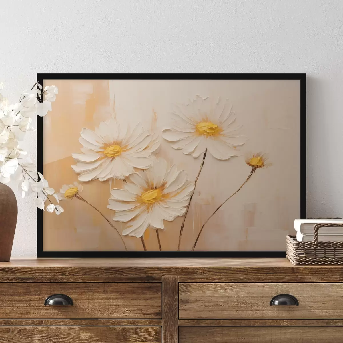 Poster Abstracte bloemen op een oranje achtergrond in olieverfstijl f44945