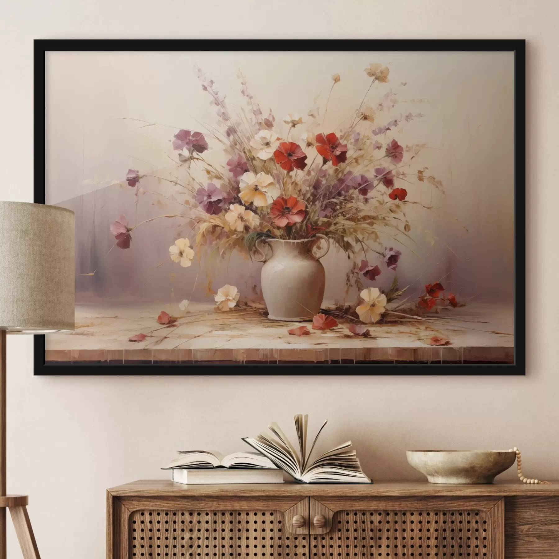 Fotobehang Boeket wilde bloemen in een vaas in olieverfschilderijstijl f44947