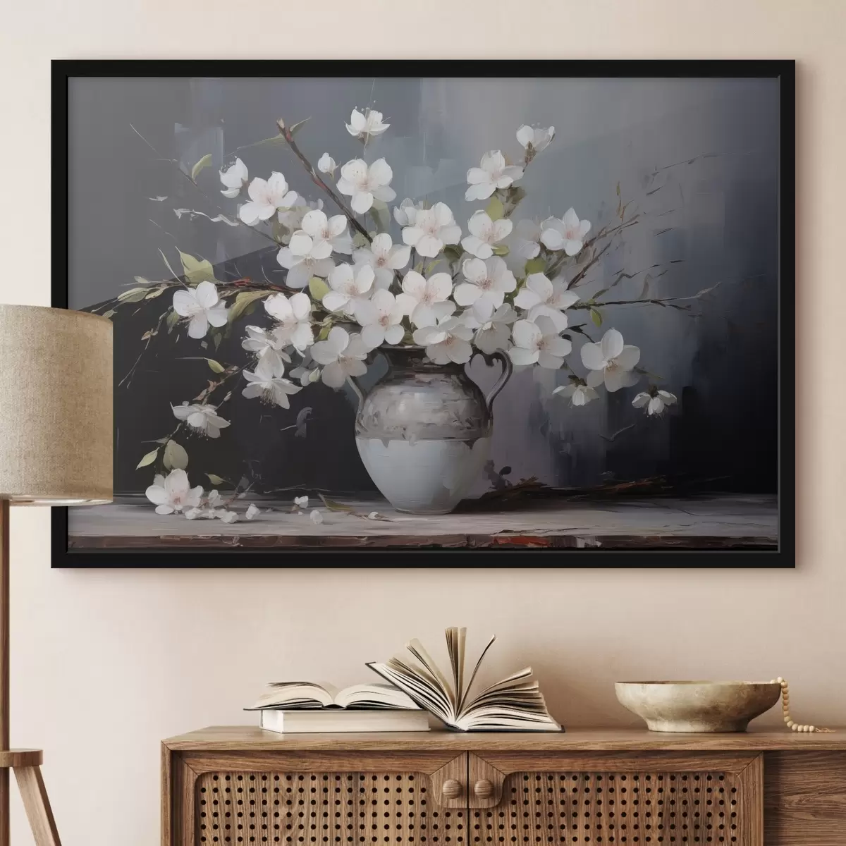 Affiche Branches fleuries dans un vase sur un fond sombre dans un style pittoresque f44949