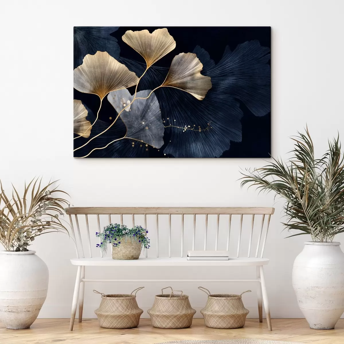  Schilderijen Ginkgo bladeren in gele en blauwe tinten, elegante donkere achtergrond, moderne kunst, minimalistische stijl, op de natuur geïnspireerd s44921