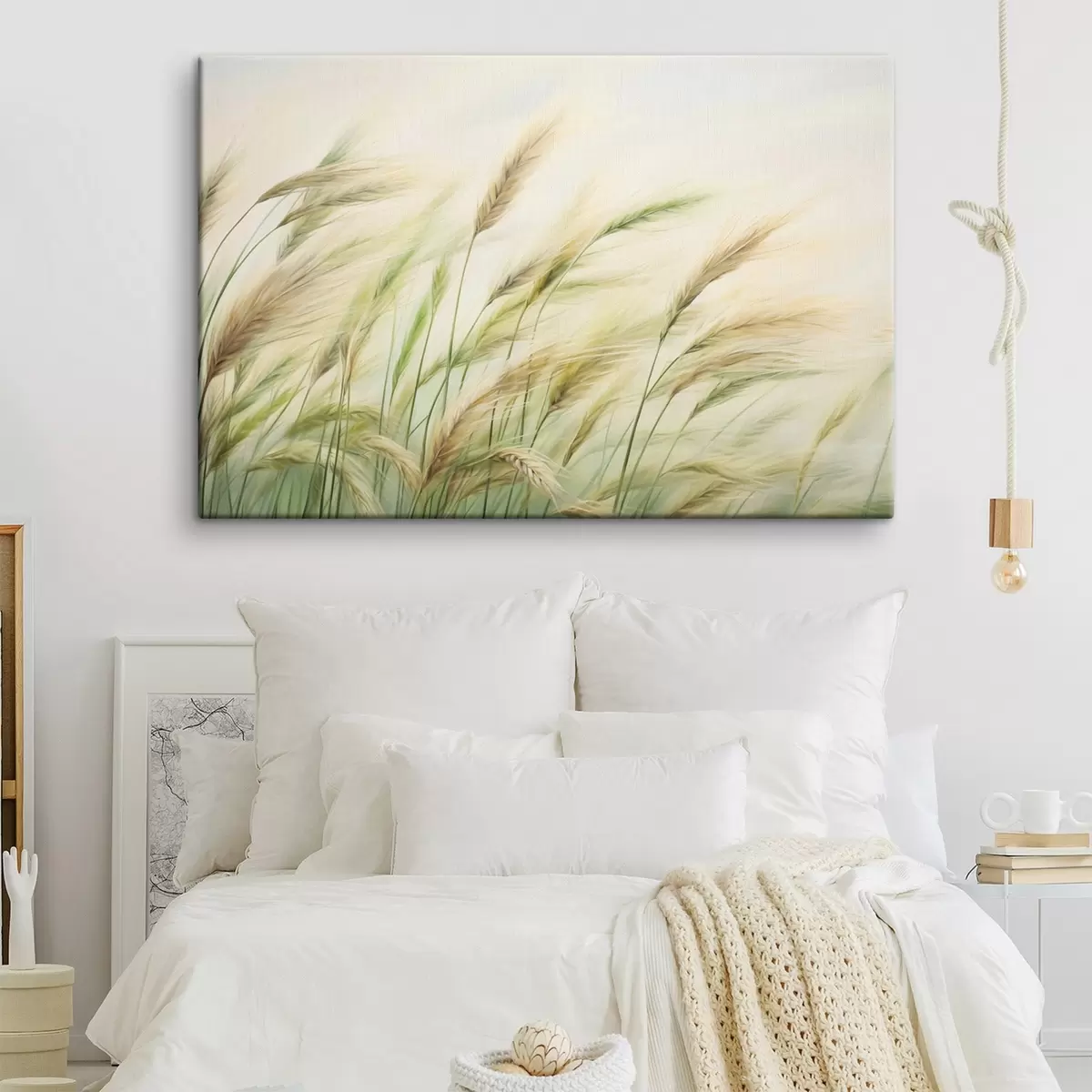  Schilderijen Korenveld met gele en groene korenaren, zachte penseelstreken en een licht kleurenpalet, natuurlijke sfeer s44923