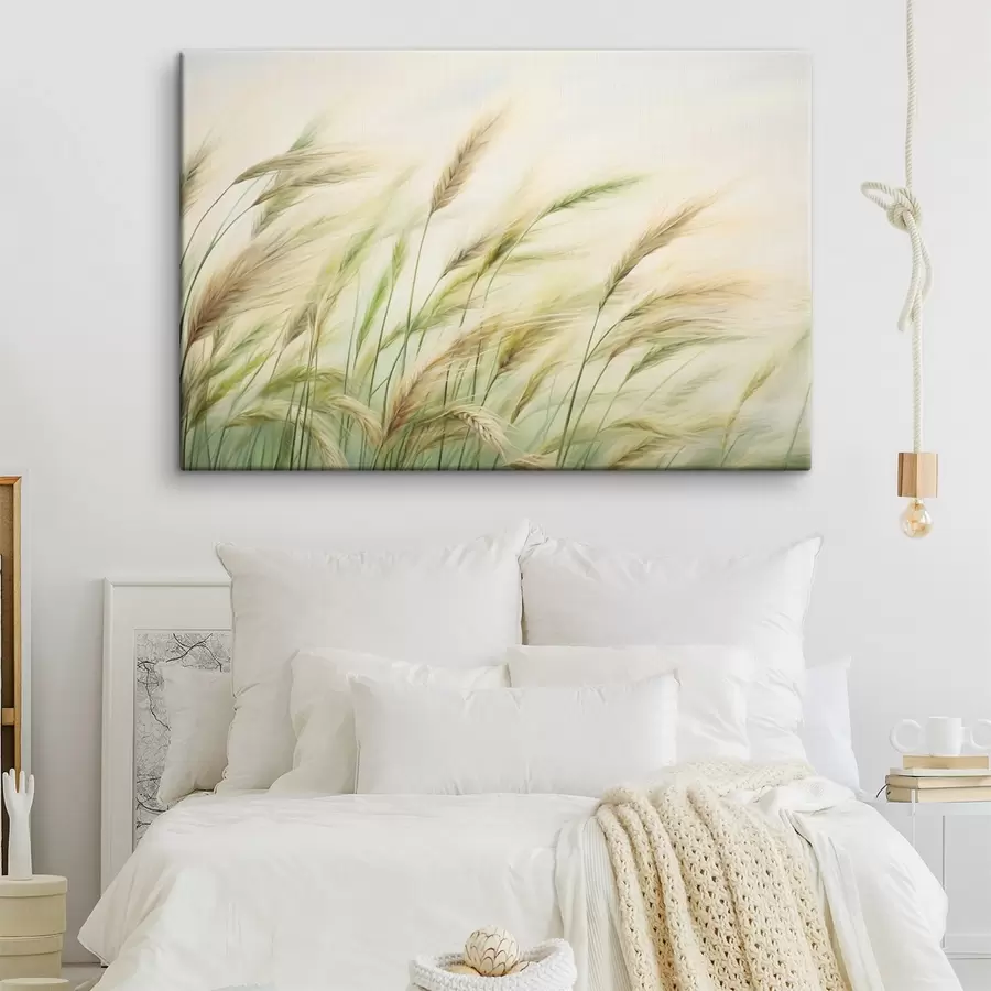  Schilderijen Korenveld met gele en groene korenaren, zachte penseelstreken en een licht kleurenpalet, natuurlijke sfeer s44923