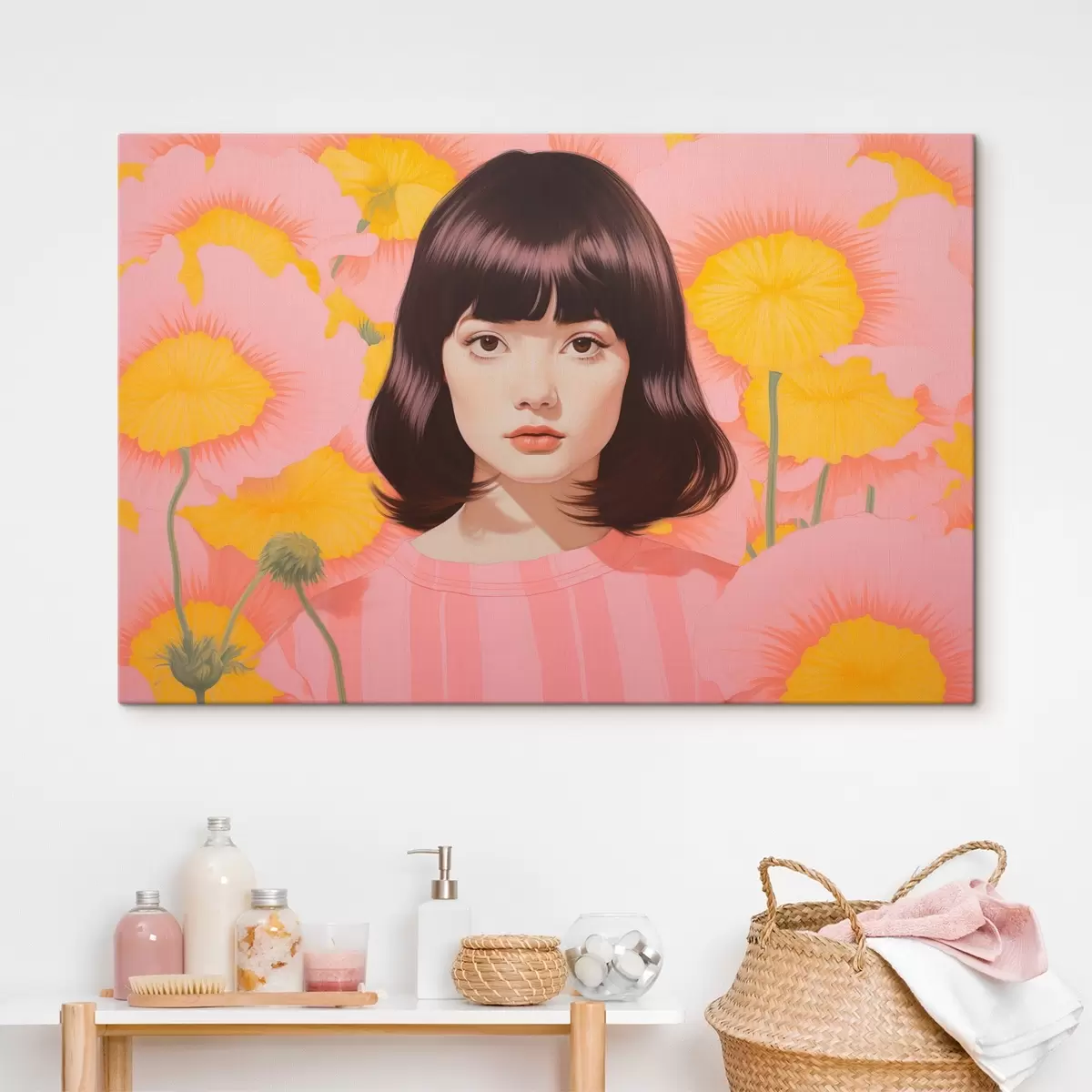  Peintures Portrait minimaliste décoratif d'une jeune fille asiatique dans un champ de fleurs jaunes et roses s44924