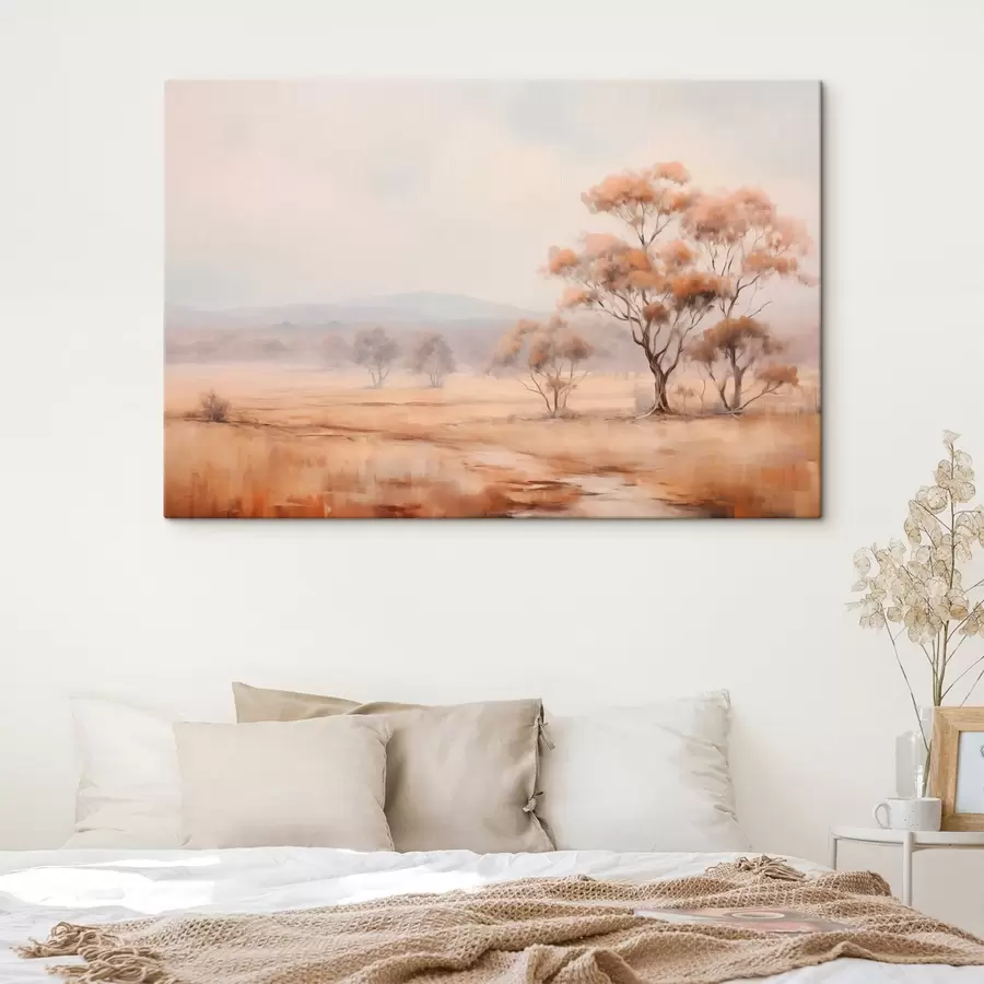  Peintures Un champ avec de l'herbe orange et quelques arbres avec des feuilles orange, des montagnes en arrière-plan avec un ciel nuageux s44927