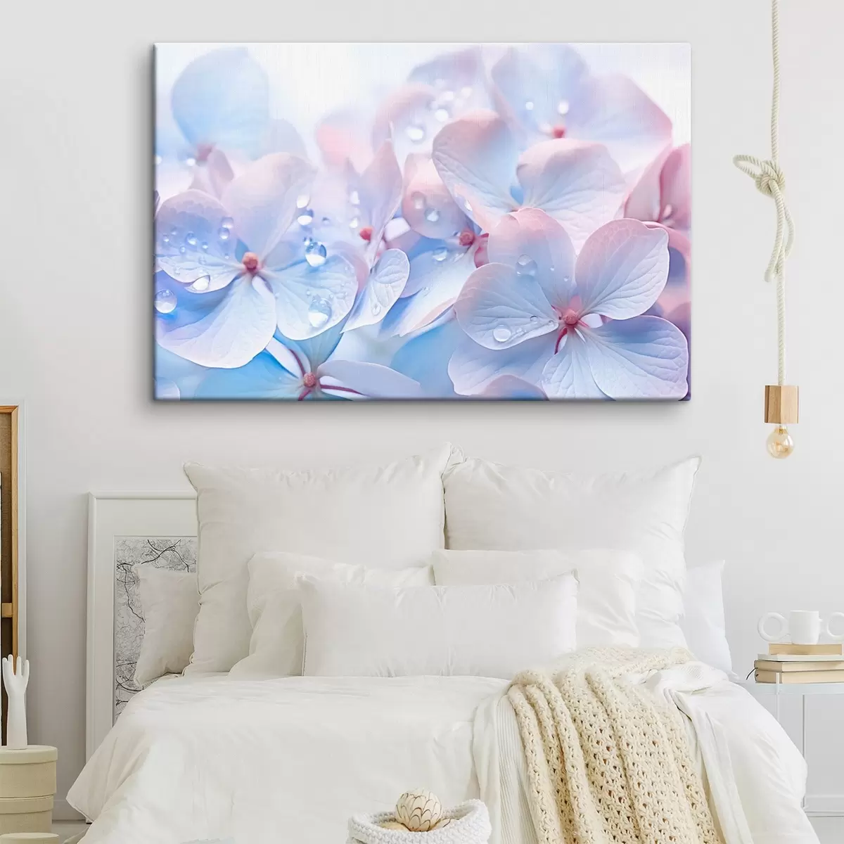 Peintures Fleurs d'hortensia avec des gouttes d'eau sur les pétales délicats, couleurs pastel douces, tons bleu clair et rose s44929