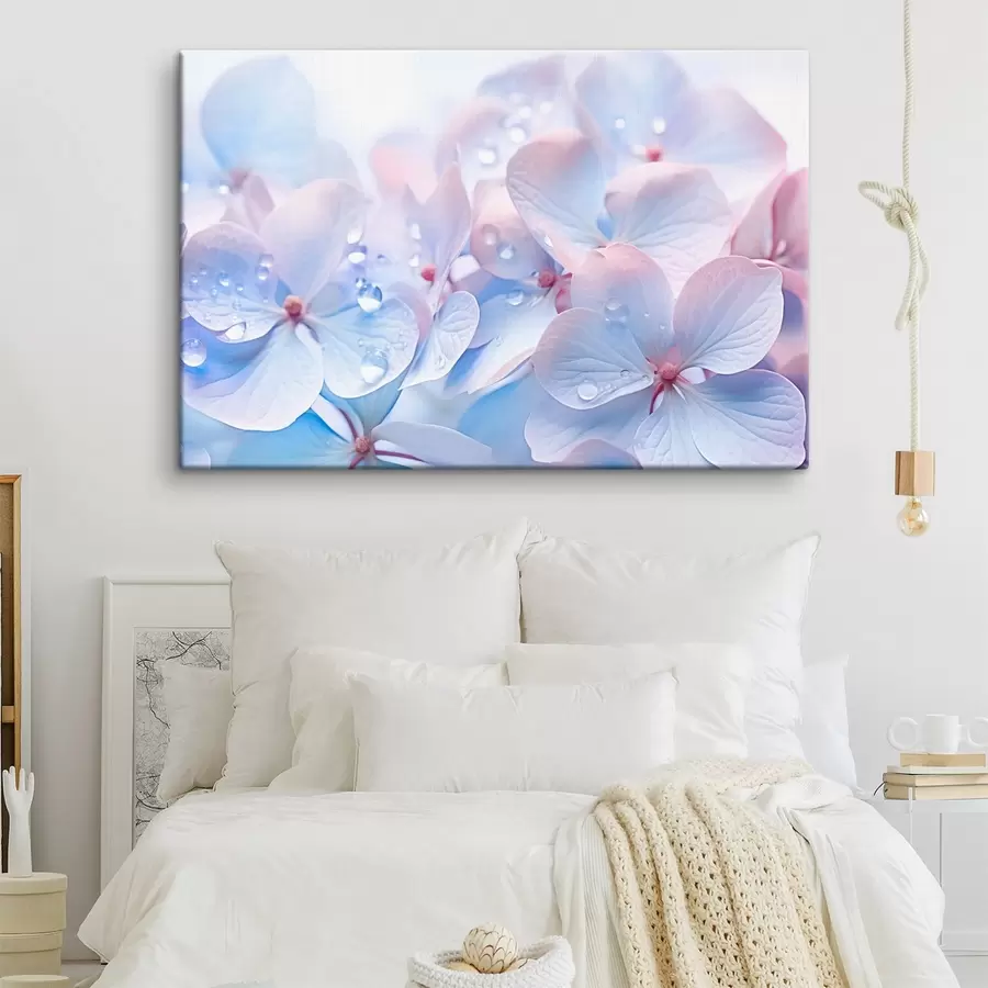  Peintures Fleurs d'hortensia avec des gouttes d'eau sur les pétales délicats, couleurs pastel douces, tons bleu clair et rose s44929