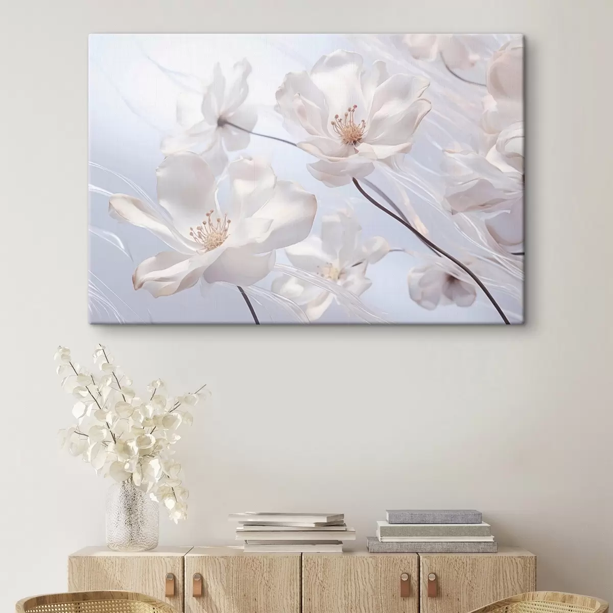  Schilderijen Witte bloemen met doorschijnende bloemblaadjes, zachte lichtblauwe achtergrond, elegant, romantisch, delicaat, dromerig s44931