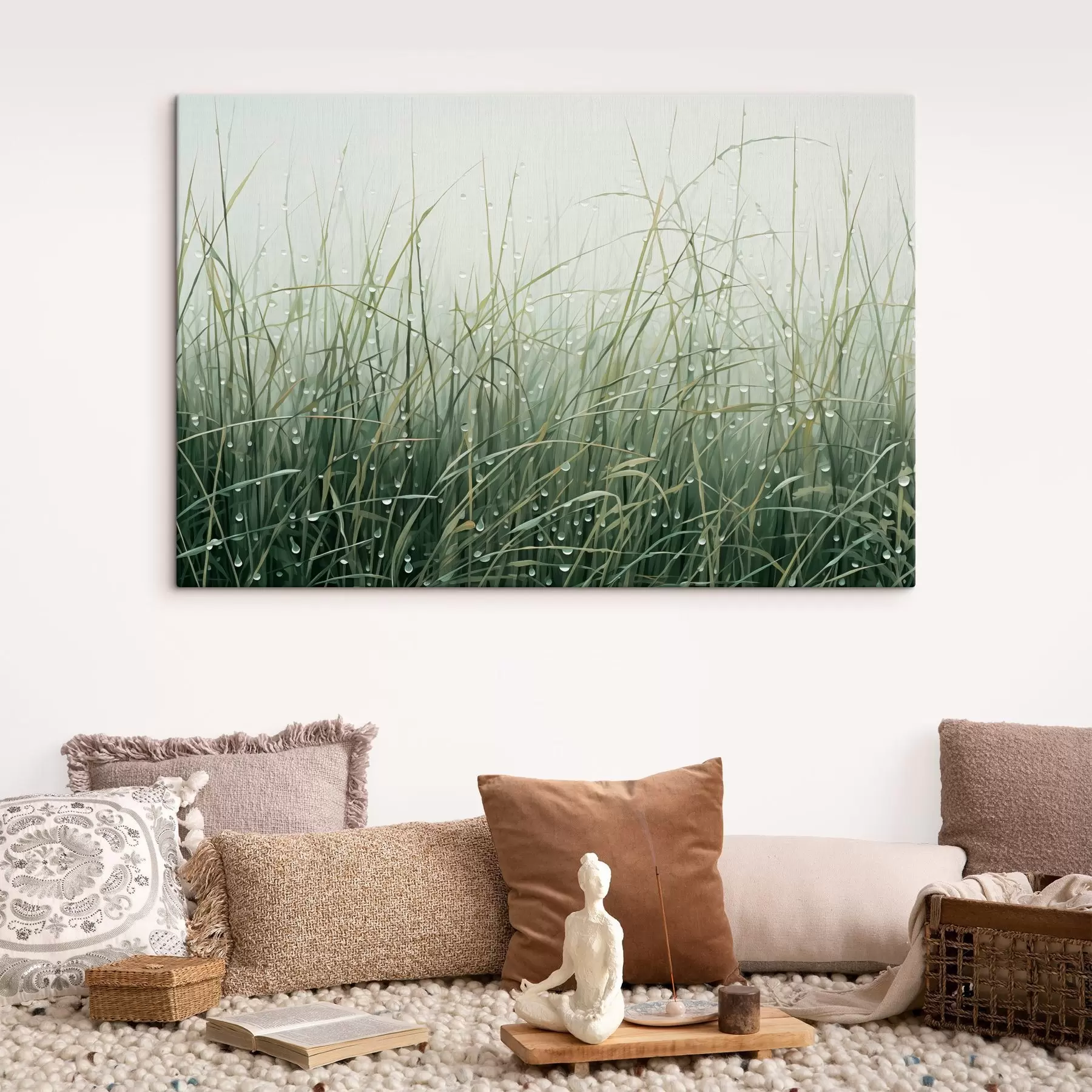  Peintures Herbe avec gouttes d'eau, nuances de vert, lumière douce, fond brumeux, style abstrait minimaliste texturé s44932