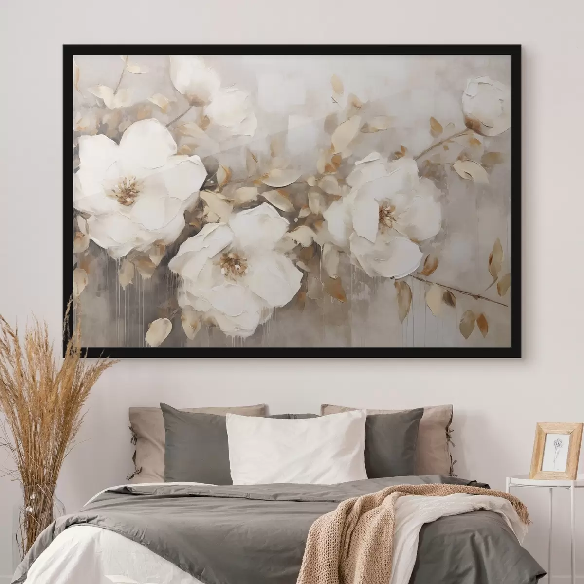 Poster Witte bloemen met bruine bladeren op een beige achtergrond, olieverfschilderij imitatie, bloemstuk, botanische kunst f44922
