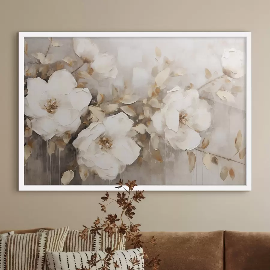 Papier peint photo Fleurs blanches avec feuilles brunes sur fond beige, imitation peinture à l'huile, arrangement floral, art botanique f44922