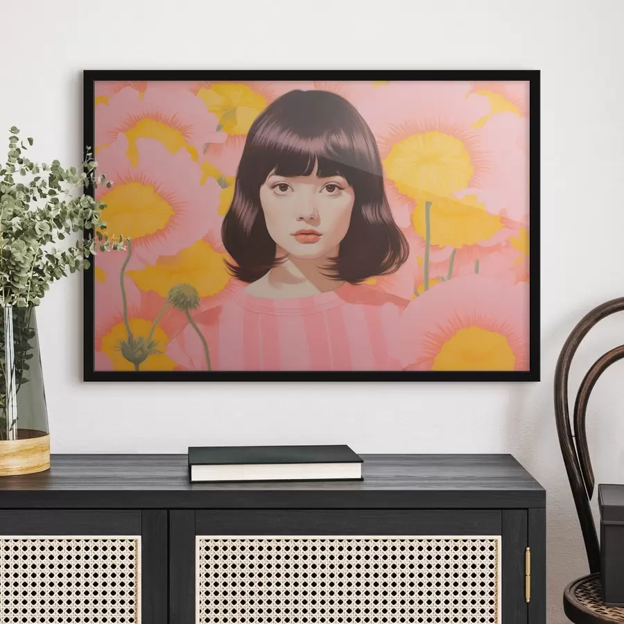 Fotobehang Een decoratief minimalistisch portret van Aziatisch meisje in een veld van gele en roze bloemen f44924