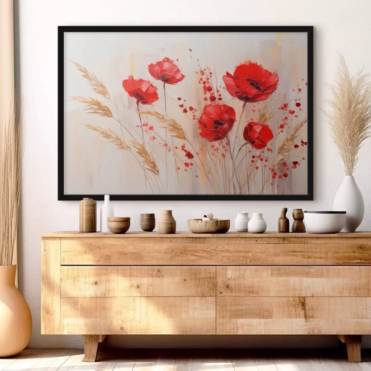 Affiche Fleurs de coquelicots rouges et tiges de blé jaunes, sur un fond doux et neutre avec des éclaboussures de peinture rouge f44926