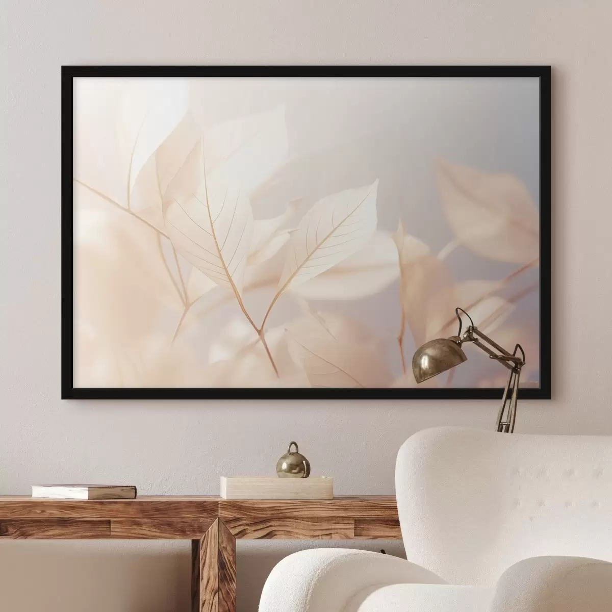 Affiche Feuilles translucides aux nervures complexes, palette de couleurs pastel douces, éclairage éthéré, composition minimaliste f44928