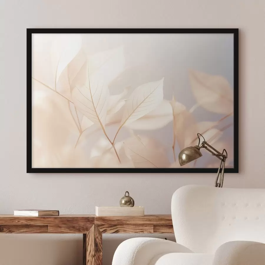 Fotobehang Doorschijnende bladeren met ingewikkelde aderpatronen, zacht pastelkleurenpalet, etherische verlichting, minimalistische compositie f44928