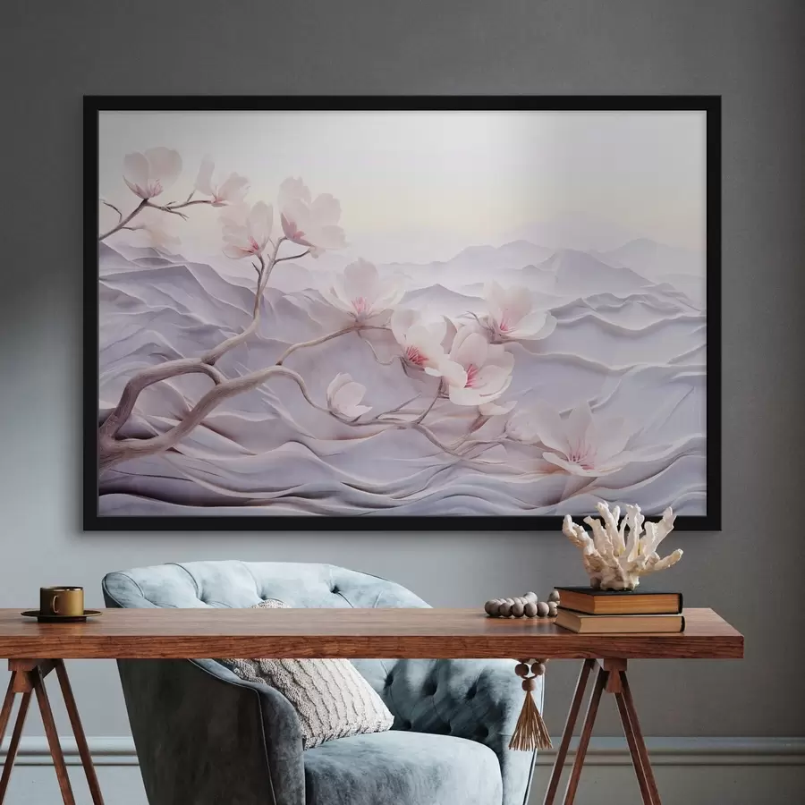 Papier peint photo Branche fleurie avec des fleurs roses, montagnes en arrière-plan, couleurs pastel douces, art texturé japonais f44930