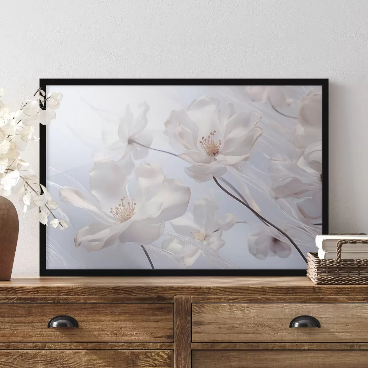 Poster Witte bloemen met doorschijnende bloemblaadjes, zachte lichtblauwe achtergrond, elegant, romantisch, delicaat, dromerig f44931