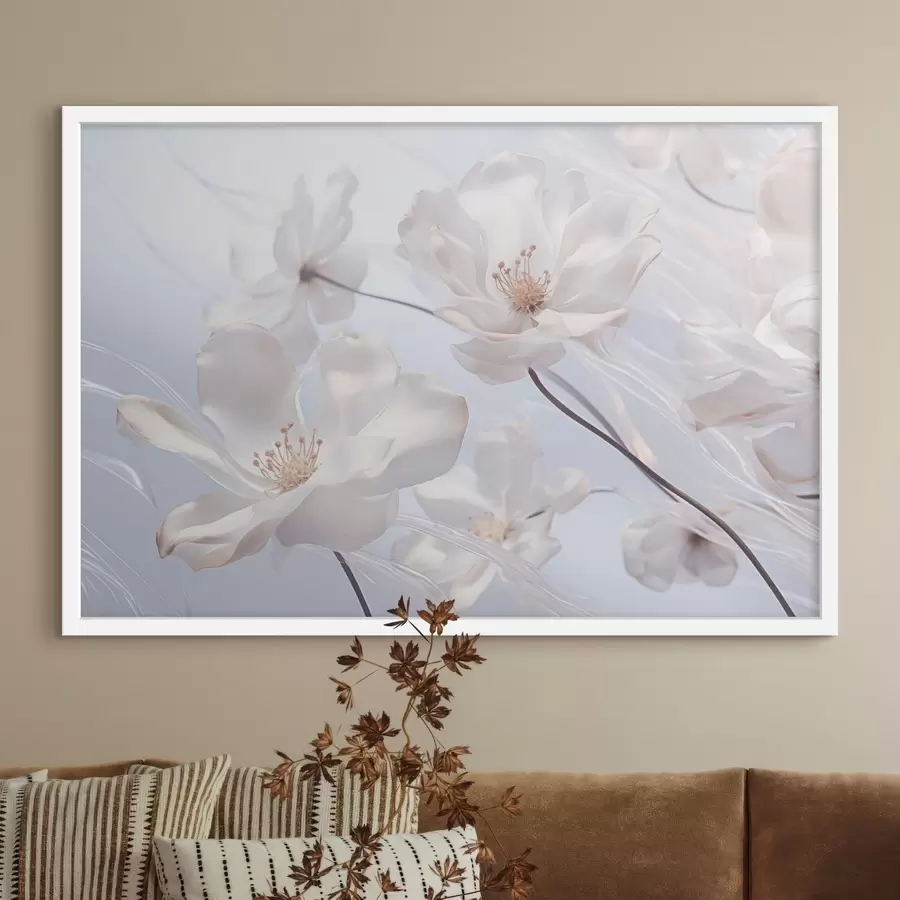 Papier peint photo Fleurs blanches aux pétales translucides, fond bleu clair doux, élégant, romantique, délicat, rêveur f44931