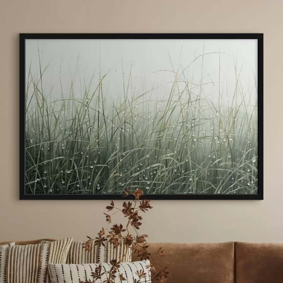 Fotobehang Gras met waterdruppels, groene tinten, zacht licht, mistige achtergrond, abstracte minimalistische textuurstijl f44932