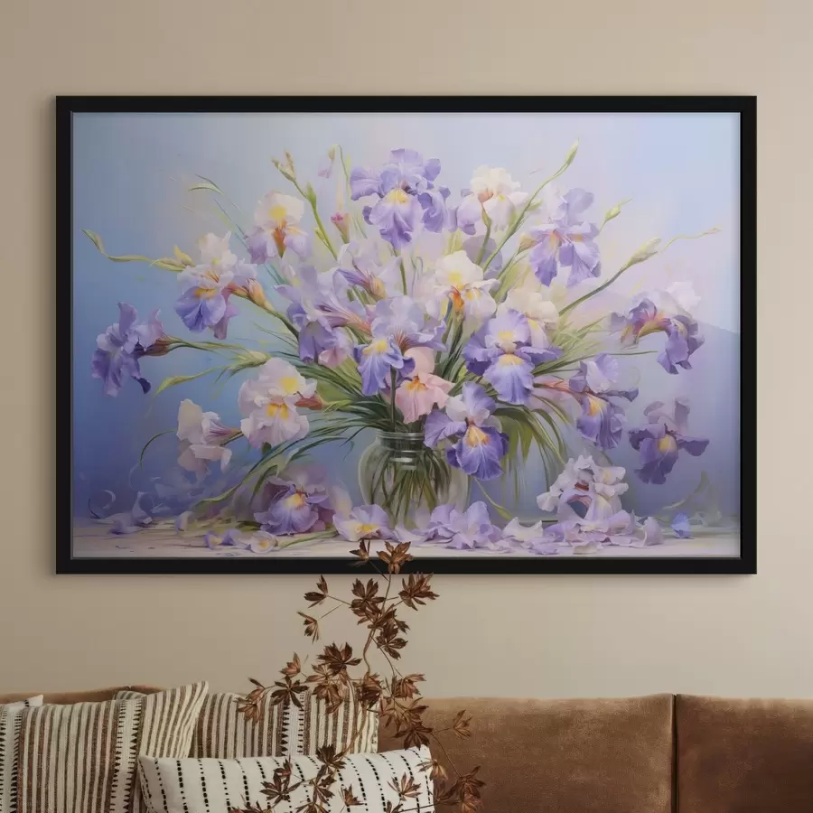  Peintures Un vase avec de nombreux iris pastel, quelques pétales éparpillés sur la table, fond pastel doux avec des tons bleus et roses f44933