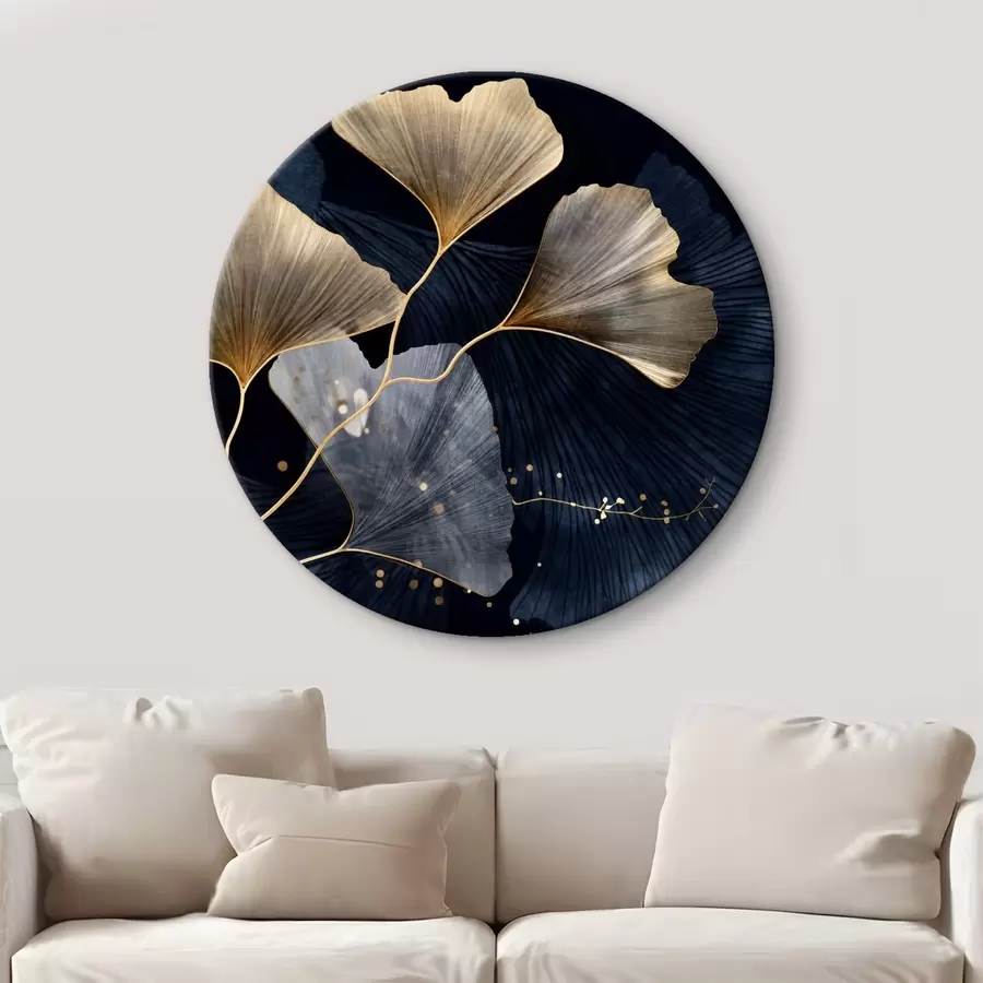  Schilderijen Ginkgo bladeren in gele en blauwe tinten, elegante donkere achtergrond, moderne kunst, minimalistische stijl, op de natuur geïnspireerd r44921