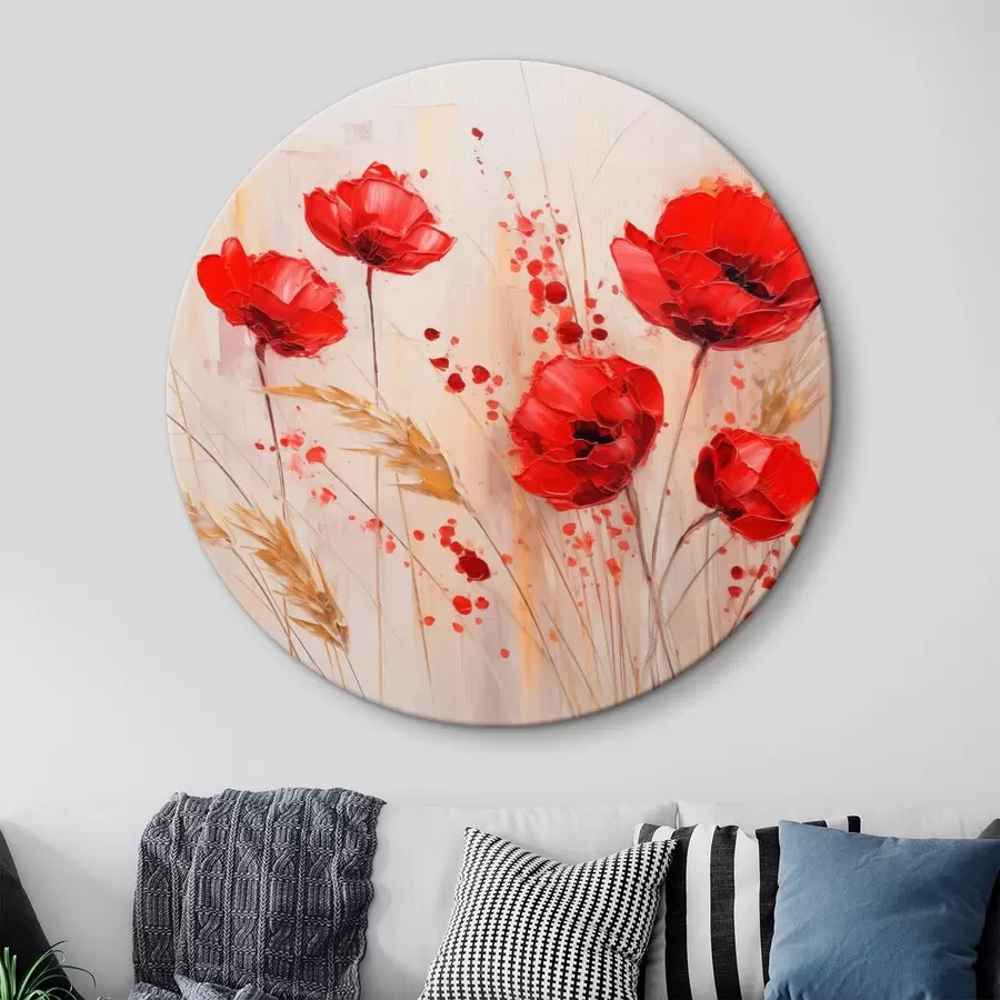 Peintures Fleurs de coquelicots rouges et tiges de blé jaunes, sur un fond doux et neutre avec des éclaboussures de peinture rouge r44926