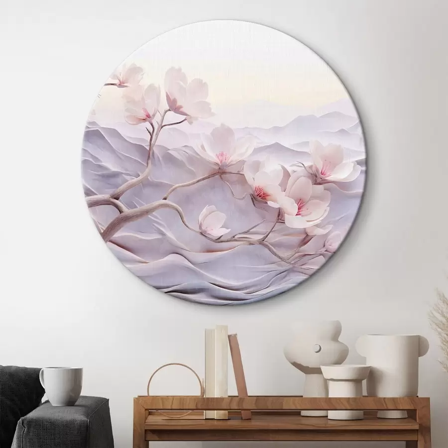  Peintures Branche fleurie avec des fleurs roses, montagnes en arrière-plan, couleurs pastel douces, art texturé japonais r44930