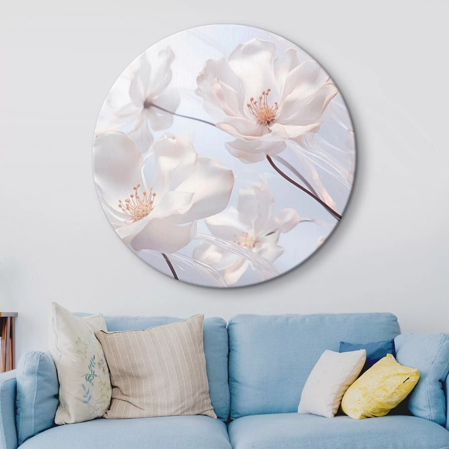  Schilderijen Witte bloemen met doorschijnende bloemblaadjes, zachte lichtblauwe achtergrond, elegant, romantisch, delicaat, dromerig r44931