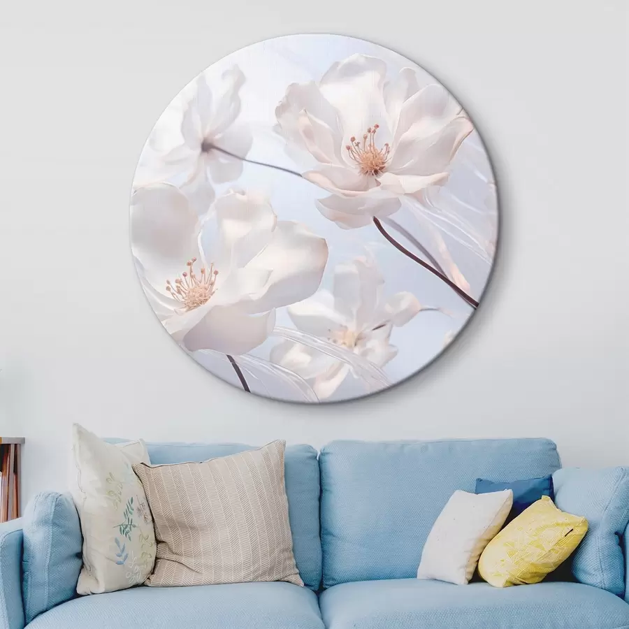  Schilderijen Witte bloemen met doorschijnende bloemblaadjes, zachte lichtblauwe achtergrond, elegant, romantisch, delicaat, dromerig r44931