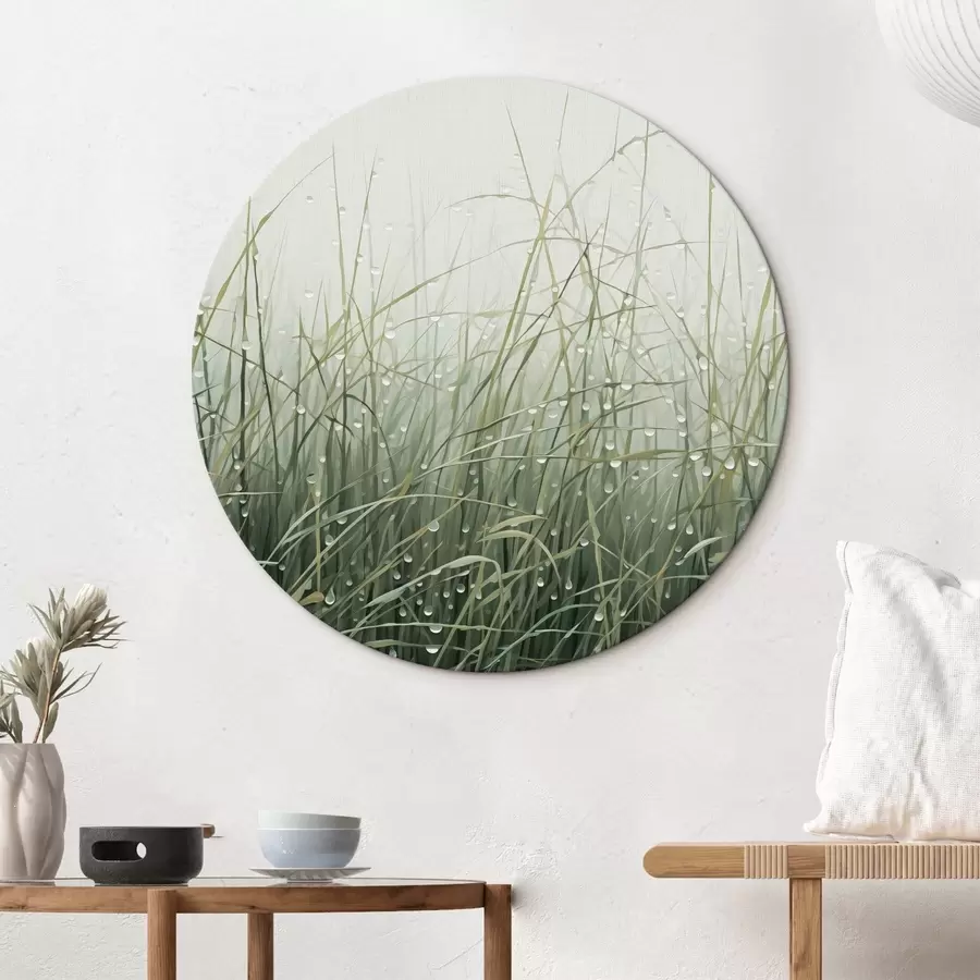  Schilderijen Gras met waterdruppels, groene tinten, zacht licht, mistige achtergrond, abstracte minimalistische textuurstijl r44932