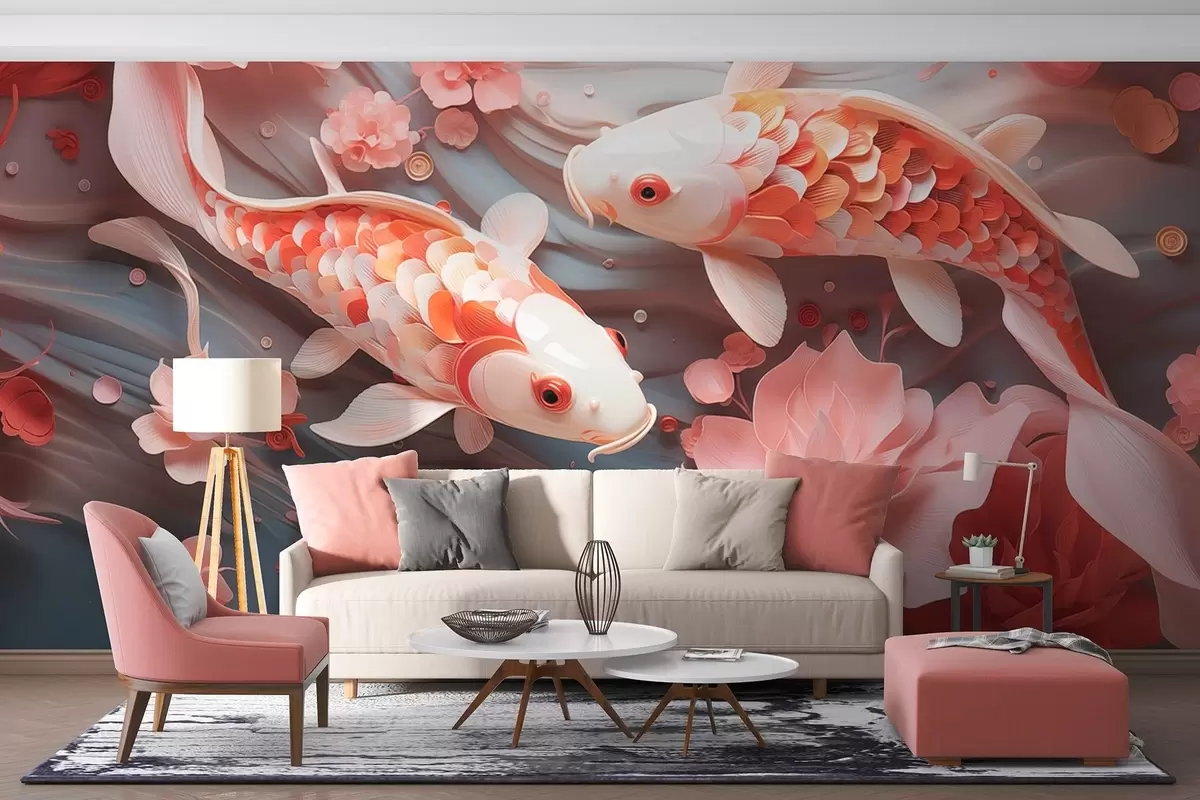 Fotobehang Delicate vissen met dimensionale schubben zwemmen door een stroom van bloemblaadjes en zachtroze tinten w09237
