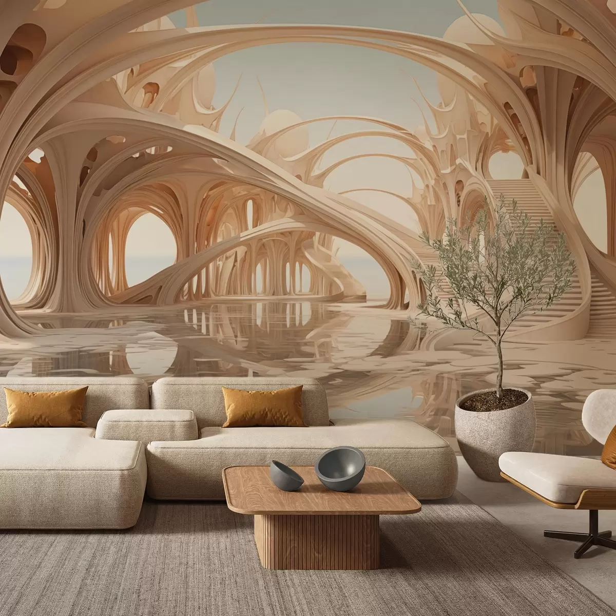 Fotobehang Fantasie-architectuur met bogen boven het water w09241