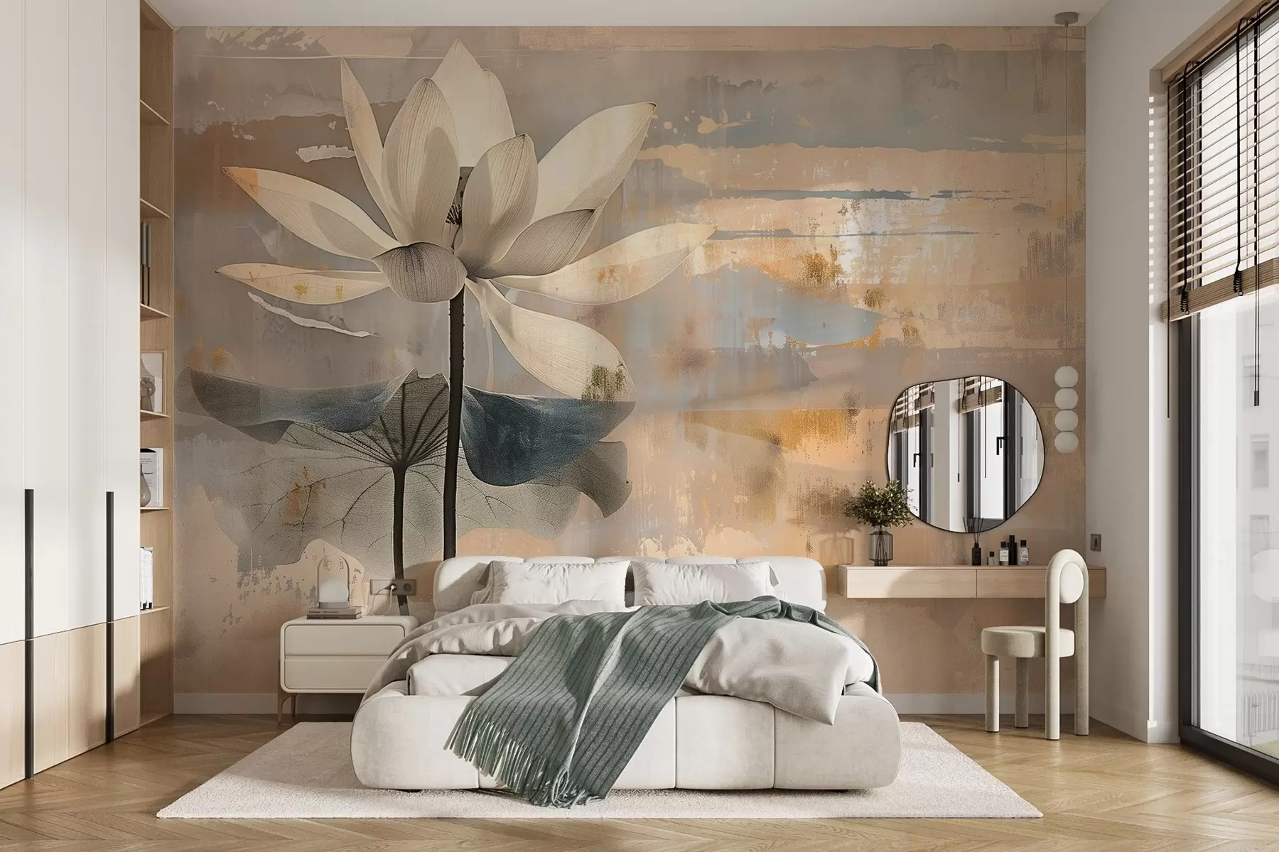 Fotobehang Imitatie van een aquarel lotus tegen een abstracte penseelstreek achtergrond w09244