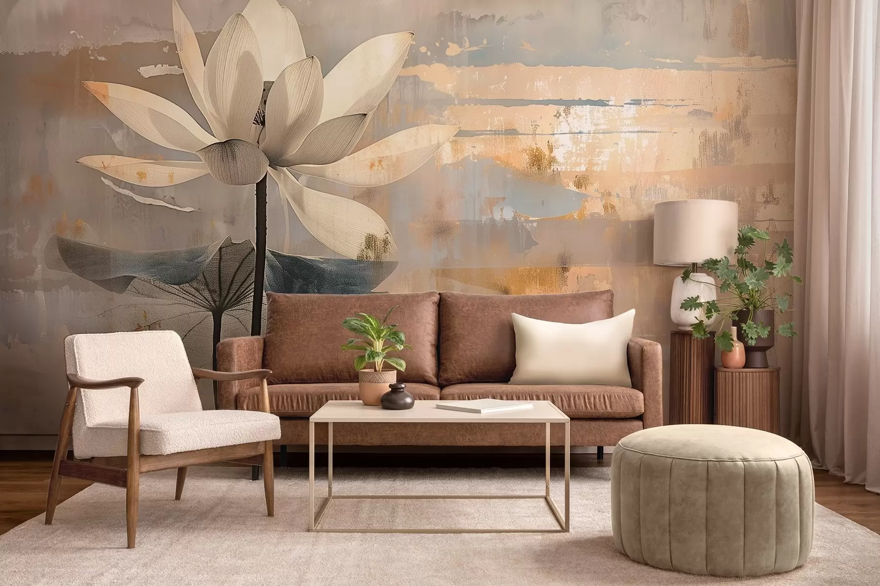 Papier peint photo Imitation d'un lotus aquarelle sur un fond abstrait de coups de pinceau w09244