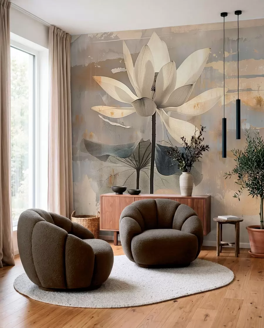 Fotobehang Imitatie van een aquarel lotus tegen een abstracte penseelstreek achtergrond w09244
